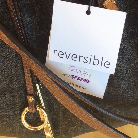 NWT Calvin Klein Brown Gold Monogram Reversible Crossbody Purse Tote - Picture 5 of 16
